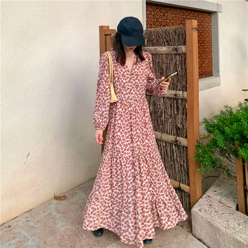 long sleeve korean floral dress CABULE Flower Dress Women Floral Chiffon Clothing Maxi Dresses Beach Elegant Autumn Pink Korean Long Sleeve V-Neck Pink, S : Amazon.de: Fashion