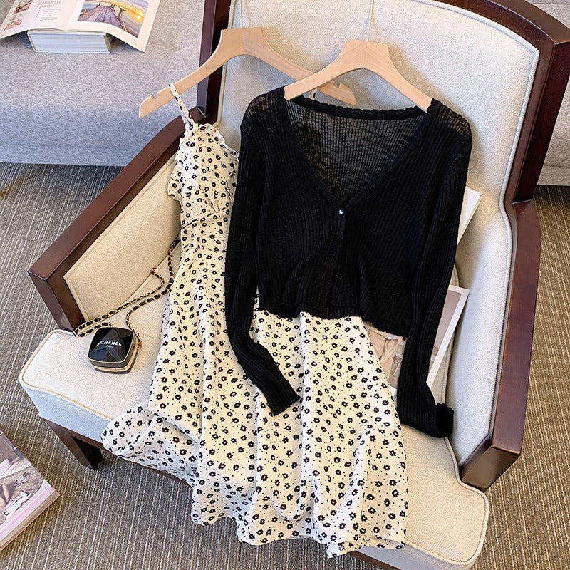 Plus Size Korean Ditsy Floral Sleeveless Dress and Knit Cardigan