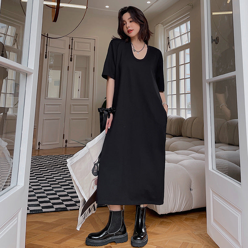 Plus Size U Neck Black T Shirt Dress – Pluspreorder