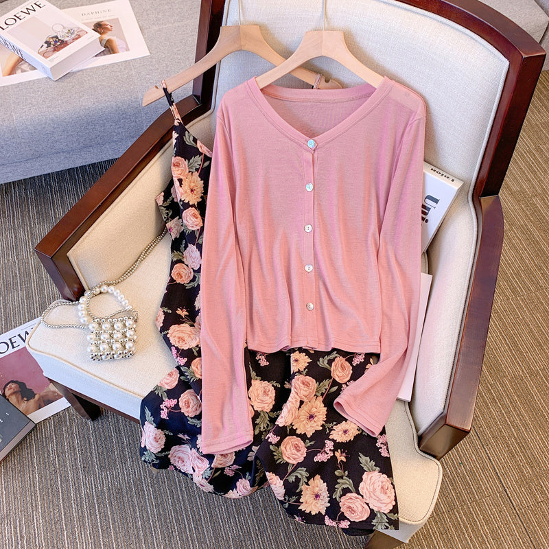 Plus Size Korean Cardigan and Pink Floral Cami Dress Set