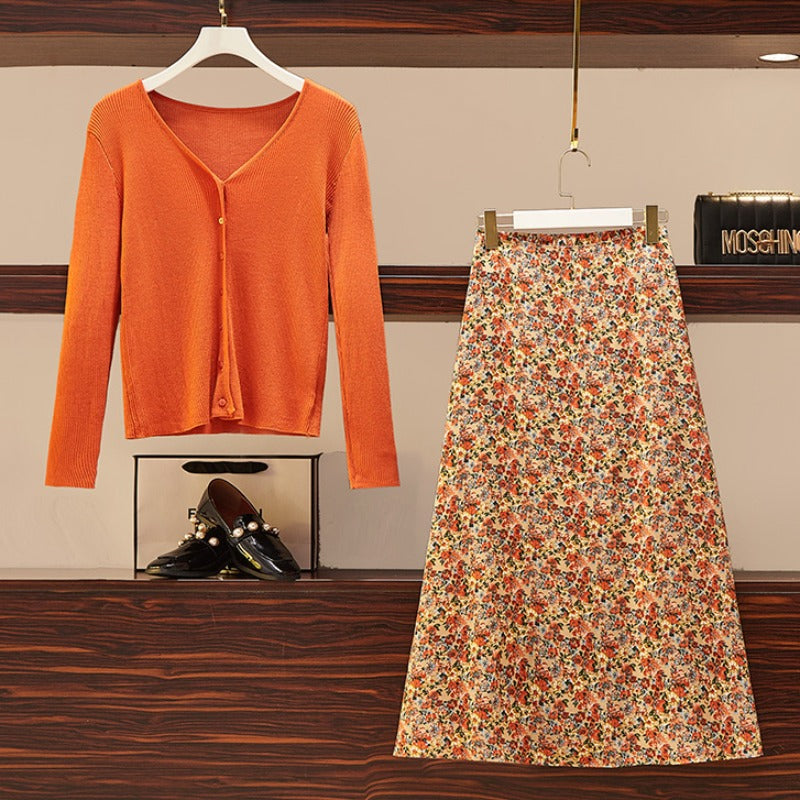 Plus Size Orange Knit Long Sleeve Top and Floral Midi Skirt Set