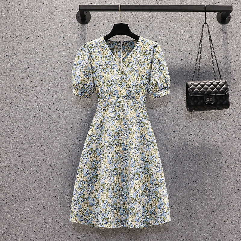 Plus Size Korean Blue Floral V Neck Dress – Pluspreorder