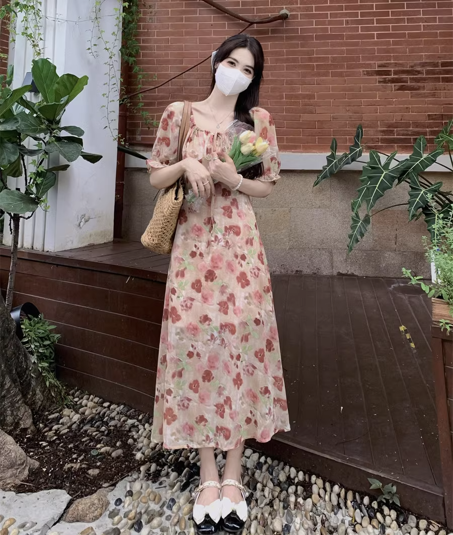 Plus Size Korean Floral Square Neck Midi Dress – Pluspreorder