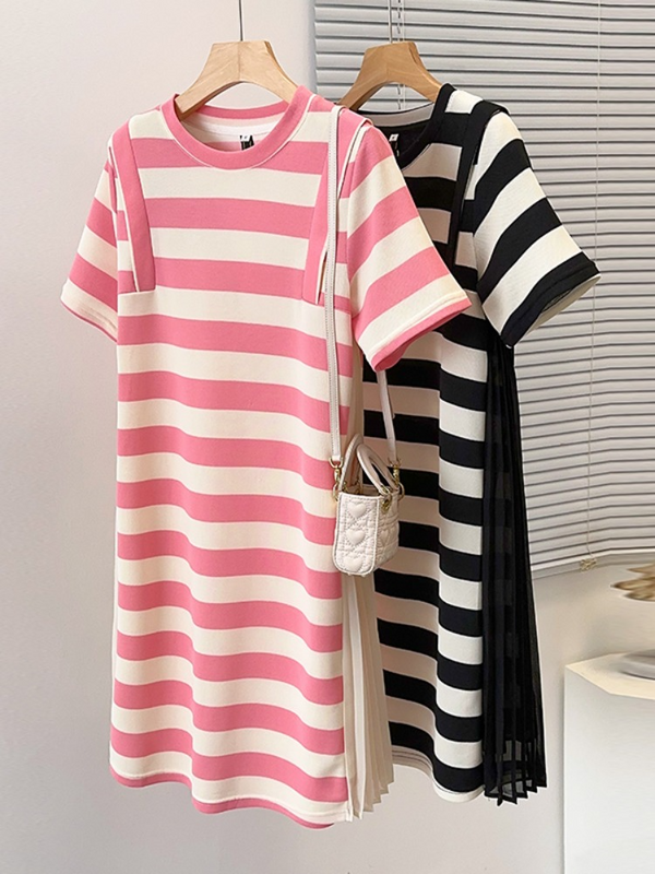 Plus Size Korean Stripes Pleat Side Shift Dress