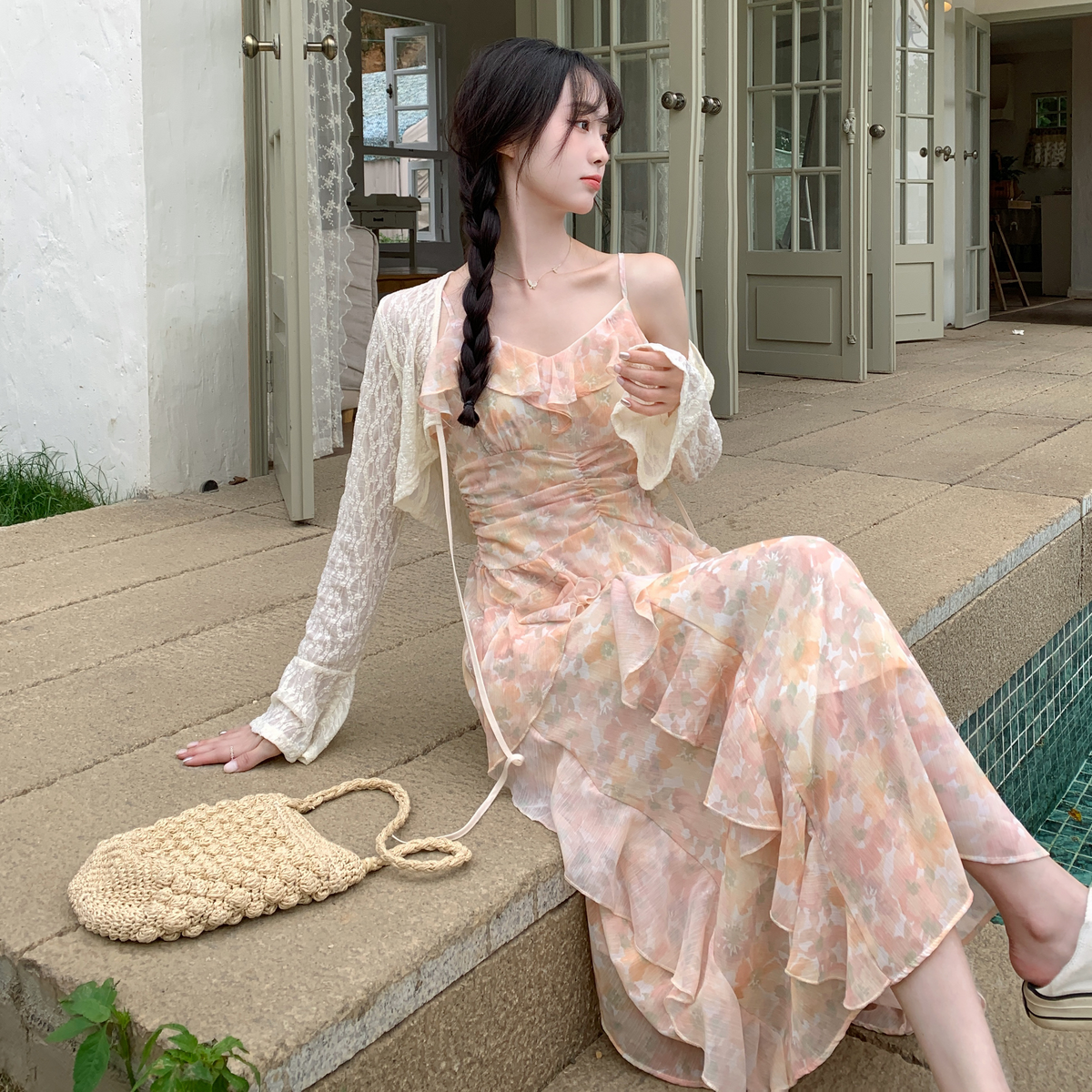 Plus Size Lace Crop Cardigan and Watercolour Floral Midi Dress