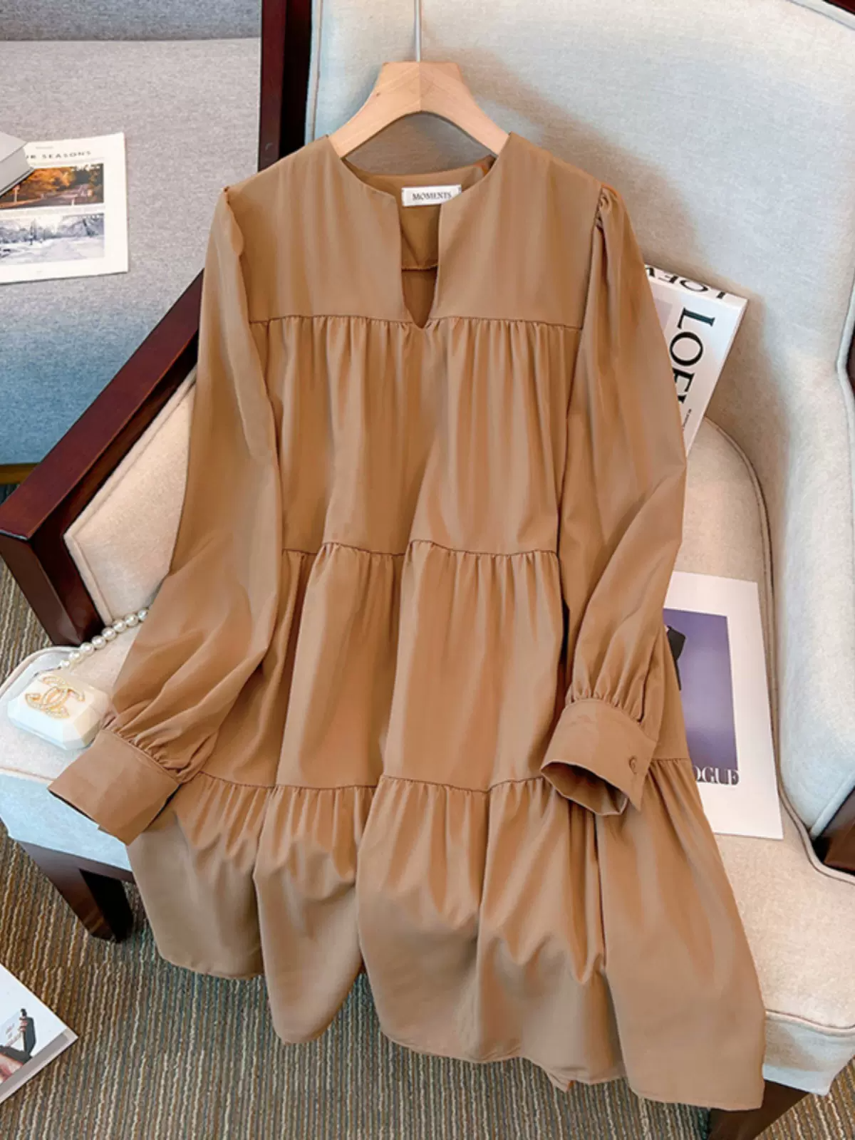 Plus Size Notch Neck Babydoll Long Sleeve Dress Coffee M