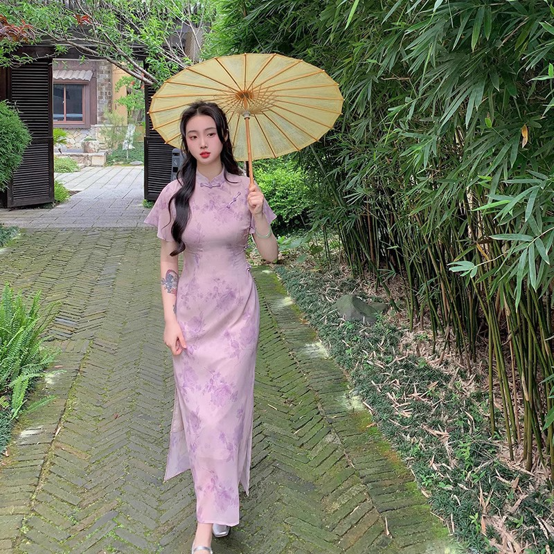 Plus Size Purple Floral Qipao Maxi Dress – Pluspreorder