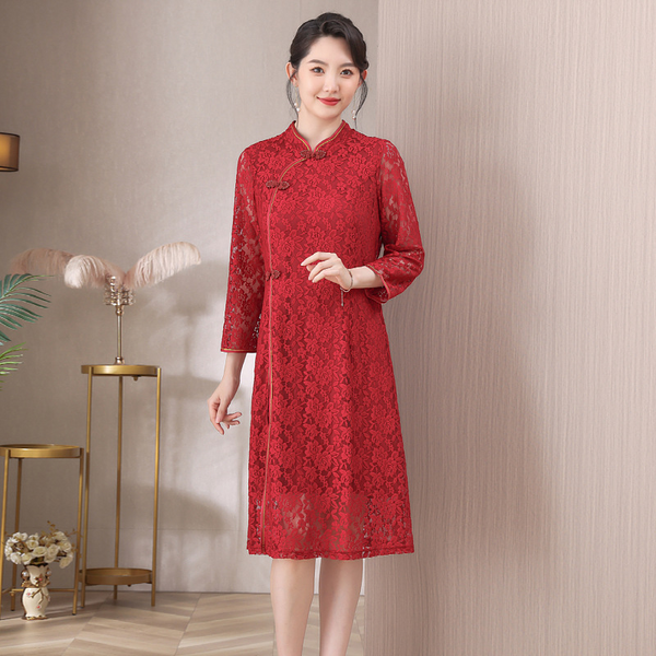 Plus Size Red Lace Layer Cheongsam Dress (EXTRA BIG SIZE)