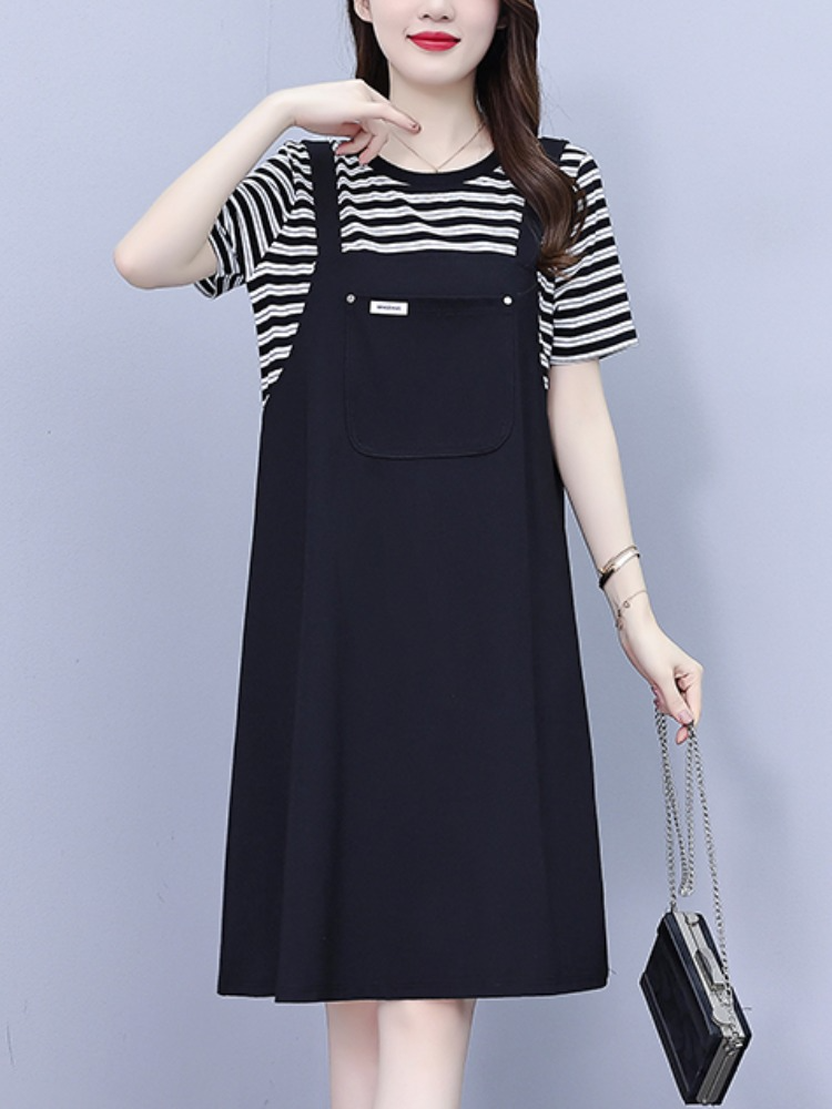 Plus Size Black And White Striped Pinafore Dress Striped Knit Maxi Dress With Slit, Black Onyx Plus Size Black And White Striped Pinafore Dress Striped Knit Maxi Dress With Slit, Black Onyx