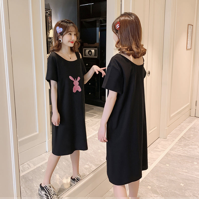 Plus Size Cotton Rabbit Off Shoulder T Shirt Dress – Pluspreorder