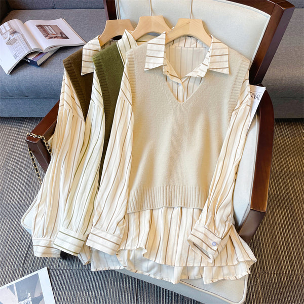 Plus Size Stripe Knit Vest and Long Sleeve Tunic Shirt Blouse Set