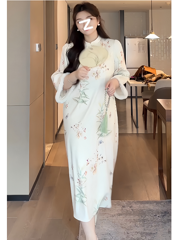 Plus Size White Floral Cheongsam Midi Dress