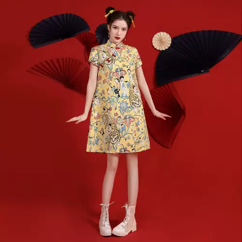 strapless open back dress Plus Size Yellow Chinese Print Qipao Dress – Pluspreorder