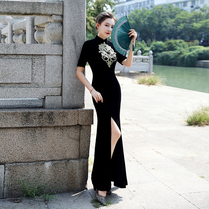 S 5Xl Custom Size Plus Size Modern Gold Cheongsam Slit Maxi Dress For Wedding Mother Of The Bride Or Groom Black S