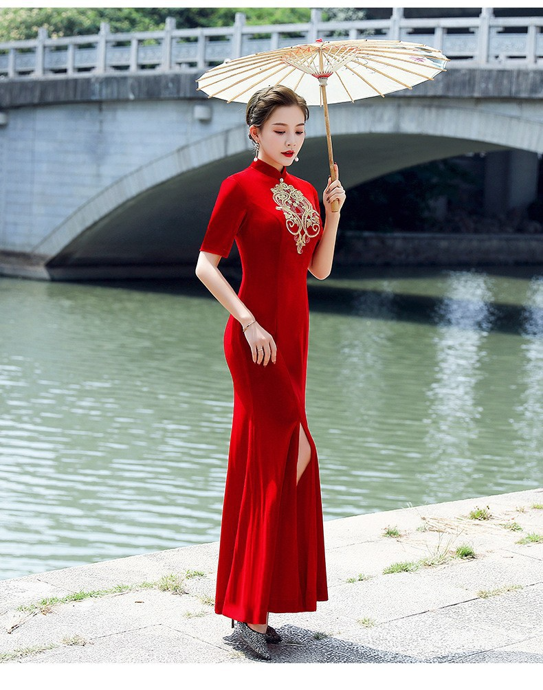 S 5Xl Custom Size Plus Size Modern Gold Cheongsam Slit Maxi Dress For Wedding Mother Of The Bride Or Groom Red S