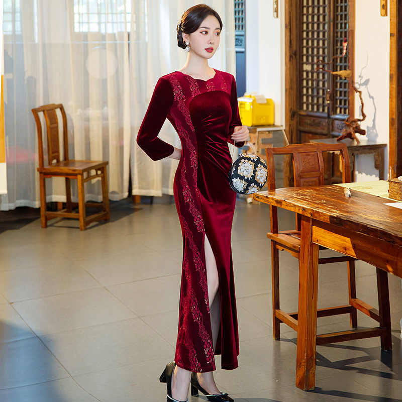 S 5Xl Plus Size Lace Pattern Velvet Maxi Dress For Wedding