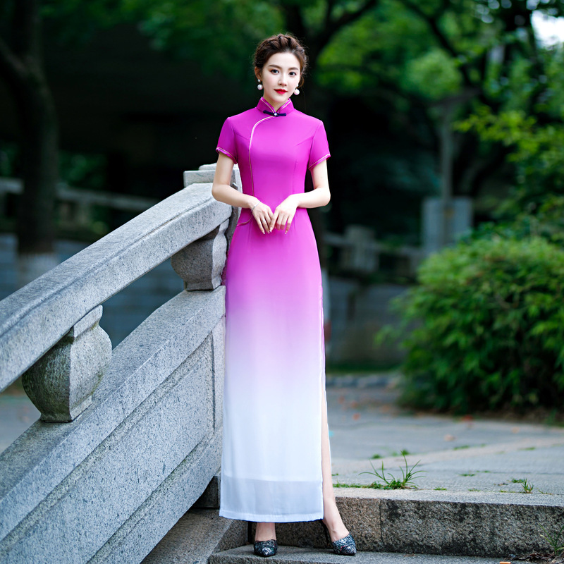 S 5Xl Plus Size Ombre Cheongsam Chinese Maxi Dress Purple S