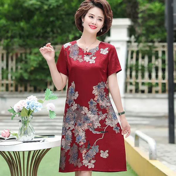 (XL-5XL) Plus Size Chinese Buttons Print Short Sleeve Shift Dress