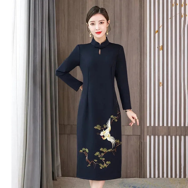 Plus Size Chinese Modern Long Sleeve Qipao Dress (EXTRA BIG SIZE)