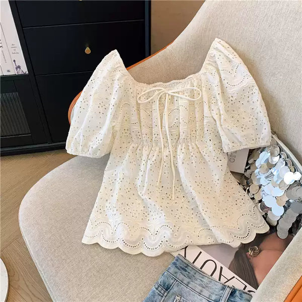 Plus Size Crochet Cutout Lace Square Neck Top