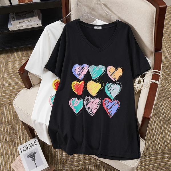 (3XL-7XL) Plus size cotton v neck hearts graphic tee (EXTRA BIG SIZE)