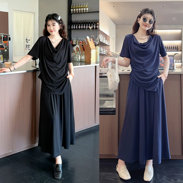 (3XL-9XL) Plus Size Drape Short Sleeve Tee And A Line Midi Skirt Set (EXTRA BIG SIZE)