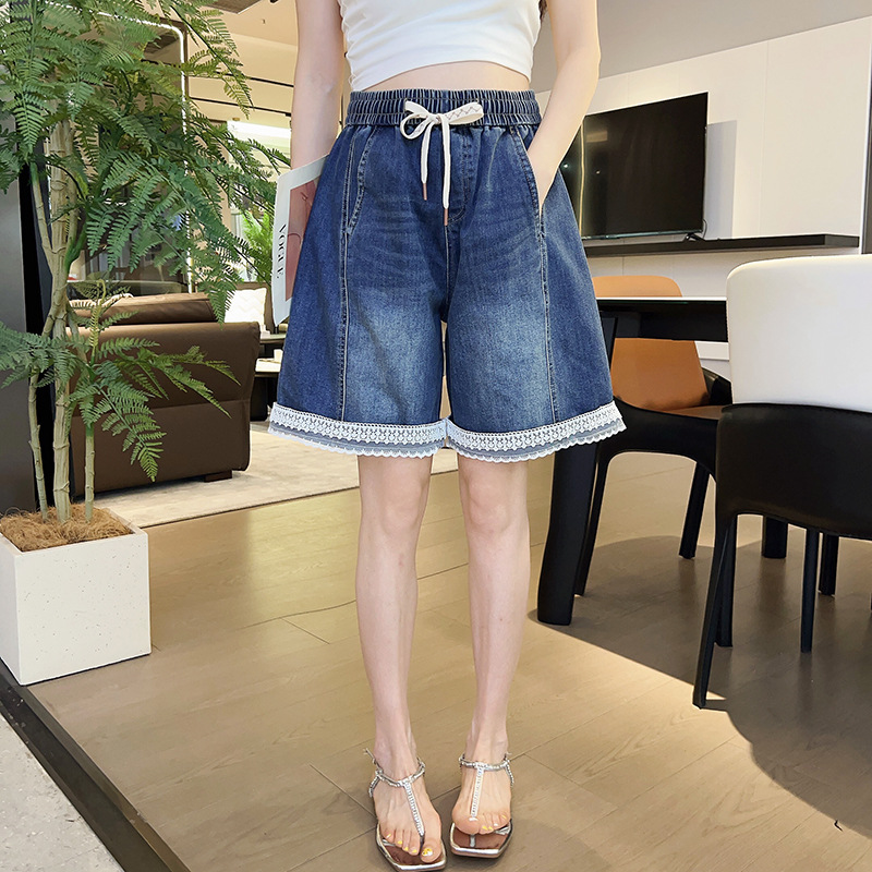(3XL-9XL) Plus Size Lace Hem Mid Length Denim Shorts (EXTRA BIG SIZE)