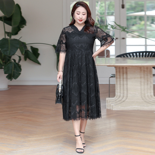 wedding guest dresses for short fat ladies Brnmxoke Wedding Guest Dresses for Women Plus Size,Women Lace Plus Size Cocktail Dress,Women's Summer Short Sleeve V-Neck Chiffon Short Party Dress A-Line Flowy Midi Dresses