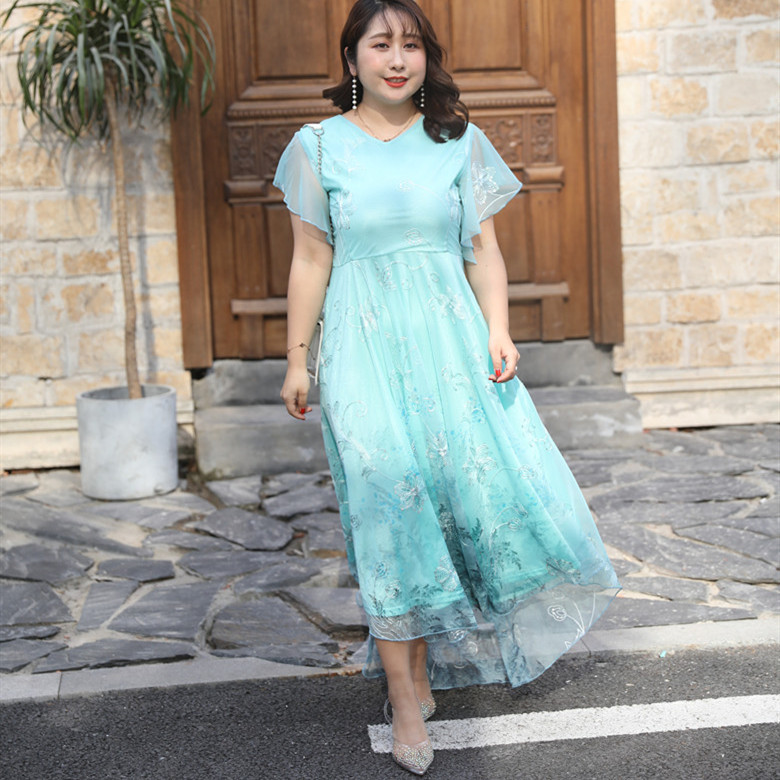 (4XL-8XL) Plus size green embroidery flutter sleeve midi dress (EXTRA BIG SIZE)