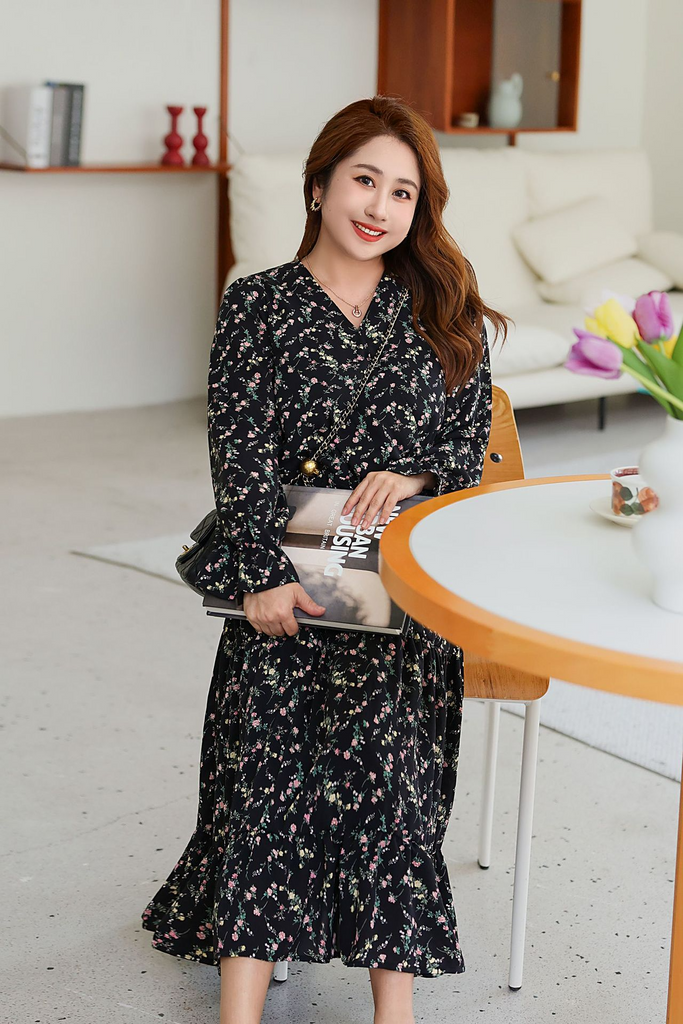 long sleeve korean floral dress 4XL-8XL) Plus size korean floral black long sleeve dress (EXTRA BIG S –  Pluspreorder