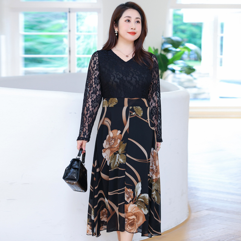 (4XL-8XL) Plus Size Print Lace 2-In-1 Long Sleeve Dress (EXTRA BIG SIZ ...