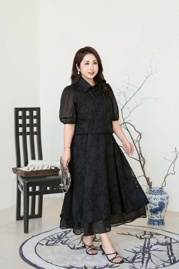 (5XL-8XL) Plus Size Black Cheongsam Dress And Jacket Dress (EXTRA BIG SIZE)