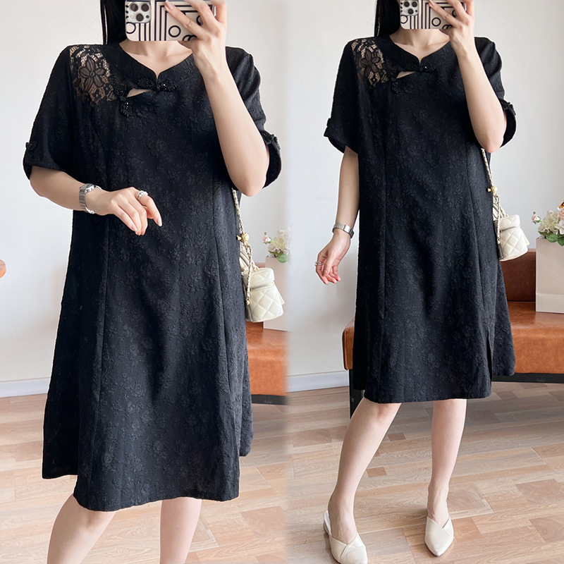 (5XL-9XL) Plus Size Black Lace Cheongsam (EXTRA BIG SIZE)