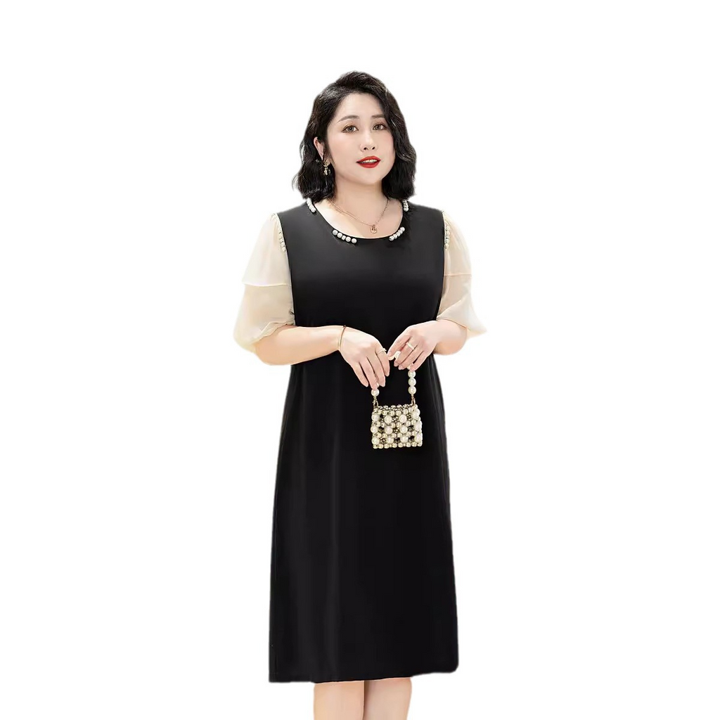 Extra Size (6XL-8XL) Plus Size Colour Block Pearls Short Sleeve Dress (EXTRA BIG ...