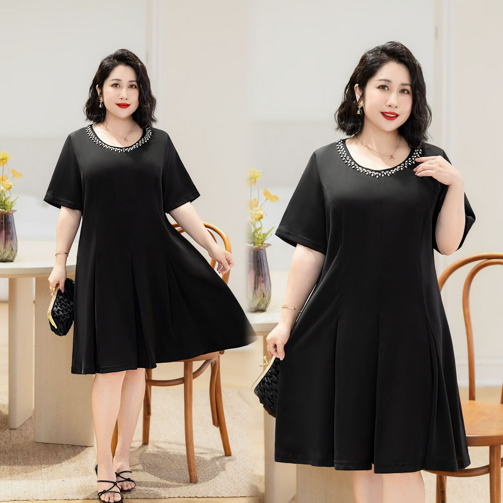 (6XL-8XL) Plus Size Diamante Round Neck Black Dress (EXTRA BIG SIZE ...