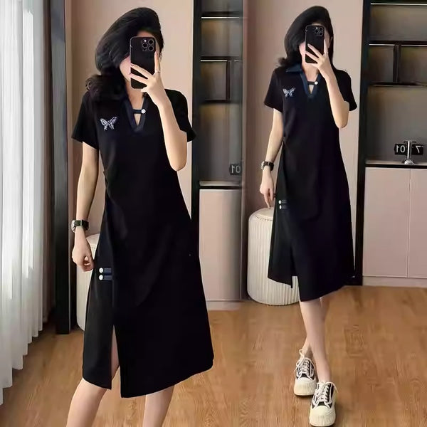 Plus Size Black Butterfly Short Sleeve Midi Dress