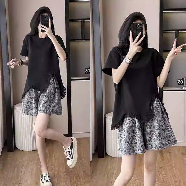 Plus Size Black Loose Blouse & Shorts Set