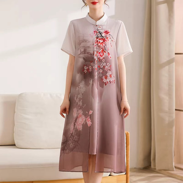 Plus Size Chiffon Qipao Dress with In-Built Jacket