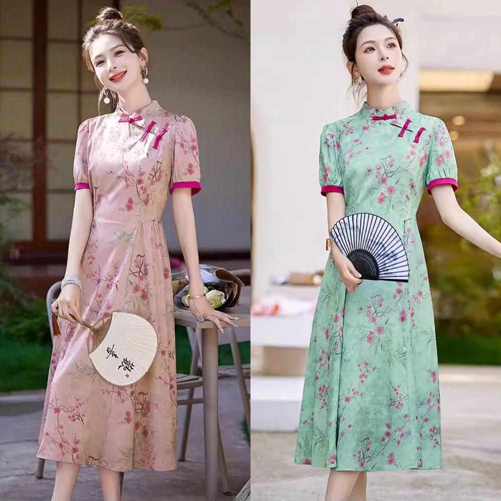 Plus Size Floral Qipao A-Line Midi Dress