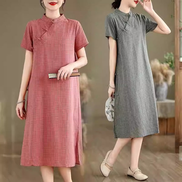 Plus Size Gingham Check Simple Qipao Dress