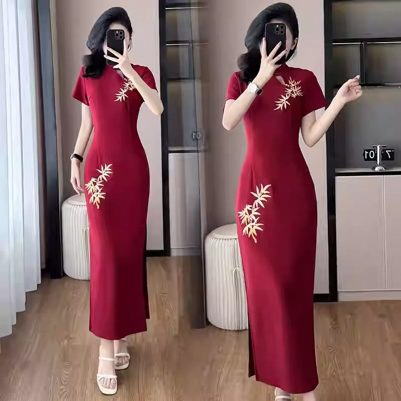 Plus Size Gold Bamboo Embroidery Slimming Cheongsam Maxi Dress