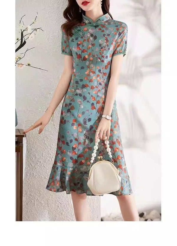 Plus Size Green Floral Mermaid Qipao Dress