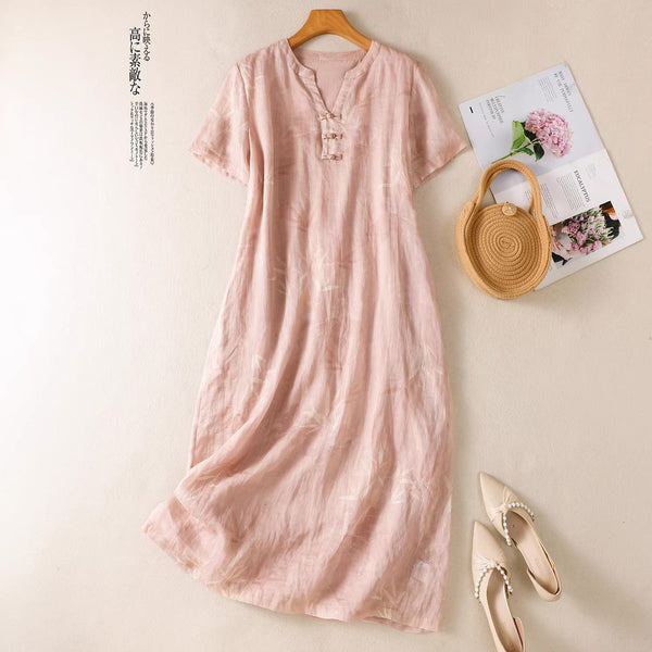 Plus Size Light Pink Notch Neck Qipao Button Dress