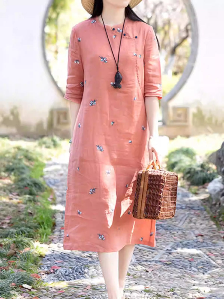 Plus Size Peach Embroidered Rustic Cheongsam Dress