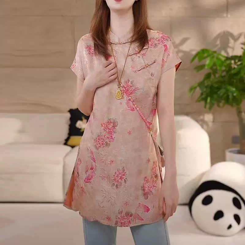 Plus Size Pink Floral Tunic Qipao Blouse