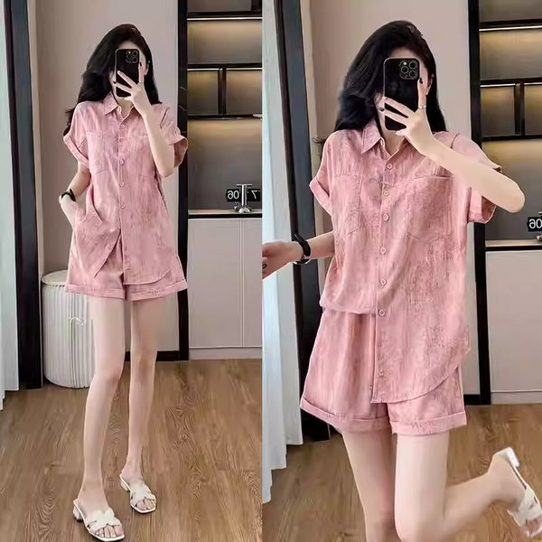 Plus Size Pink Short Sleeve Shirt & Shorts Set