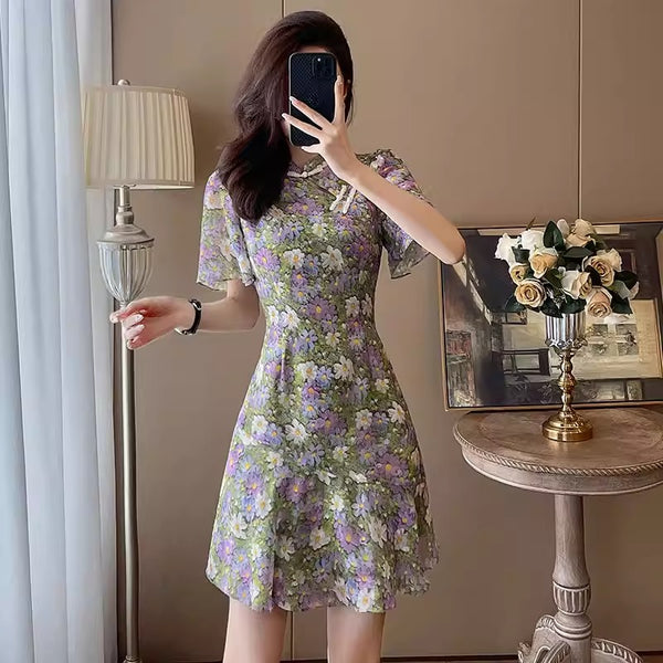 Plus Size Purple Floral Vintage Puff Sleeve Short Cheongsam