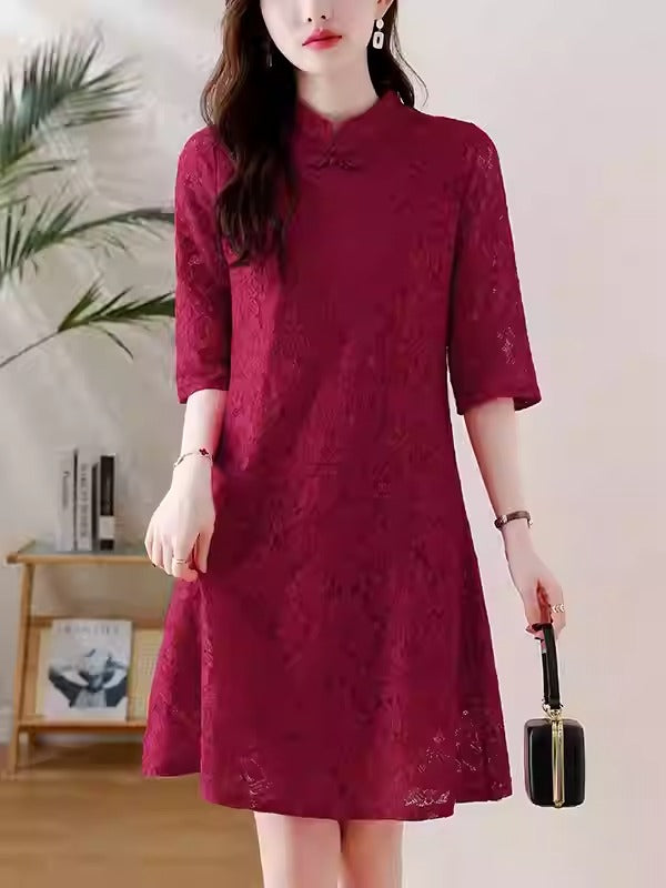 Plus Size Red Lace Qipao Dress with 3/4 Sleeves
