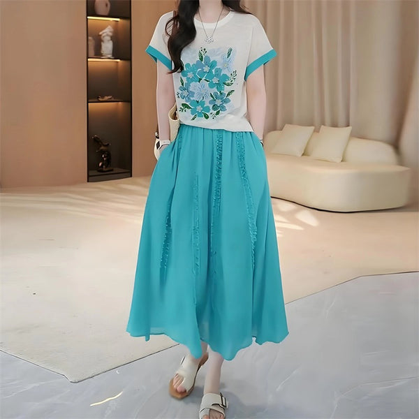 Plus Size Turquoise Floral Top & Skirt Set