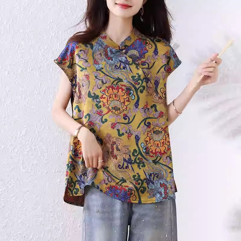 Plus Size Yellow Oriental Print Qipao Blouse